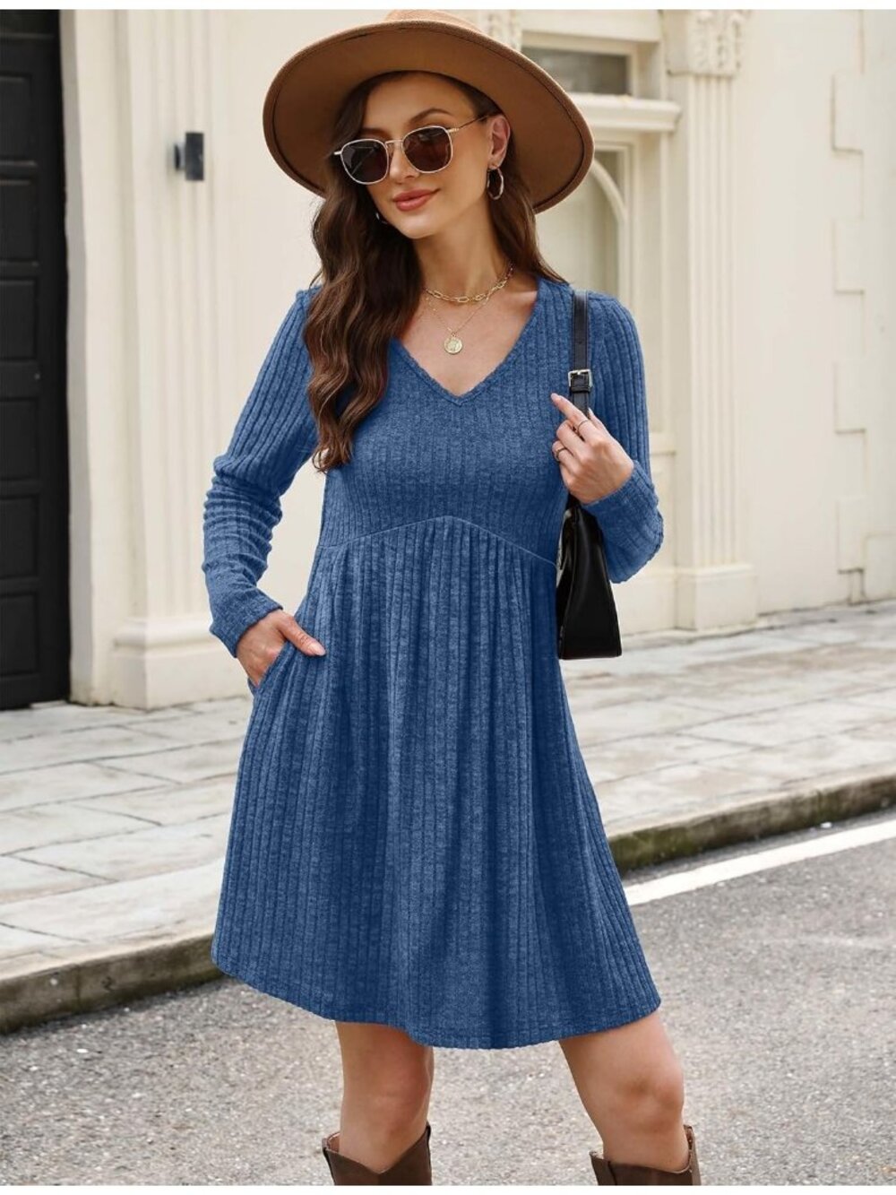 Women's Blue Neck Empire Waist Baby Doll Long Casual with Pocket Mini Dress - Picture 3 of 5